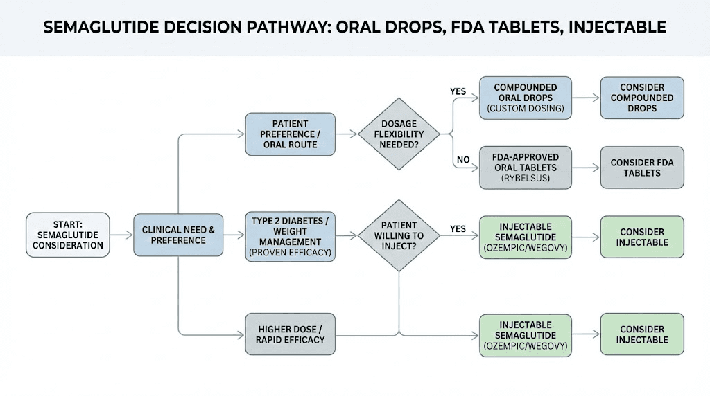 Decision guide for choosing oral semaglutide drops vs tablets vs injection