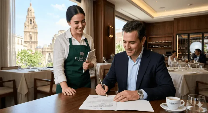 Firma de un nuevo contrato laboral en el sector hostelería donde el empleado queda cubierto automáticamente por la póliza de convenio.