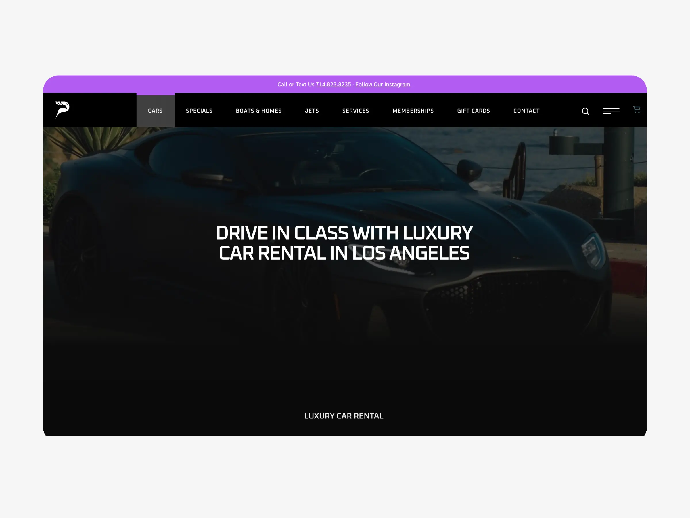 Peacock Rentals car rental website homepage showcasing vehicle listings and navigation