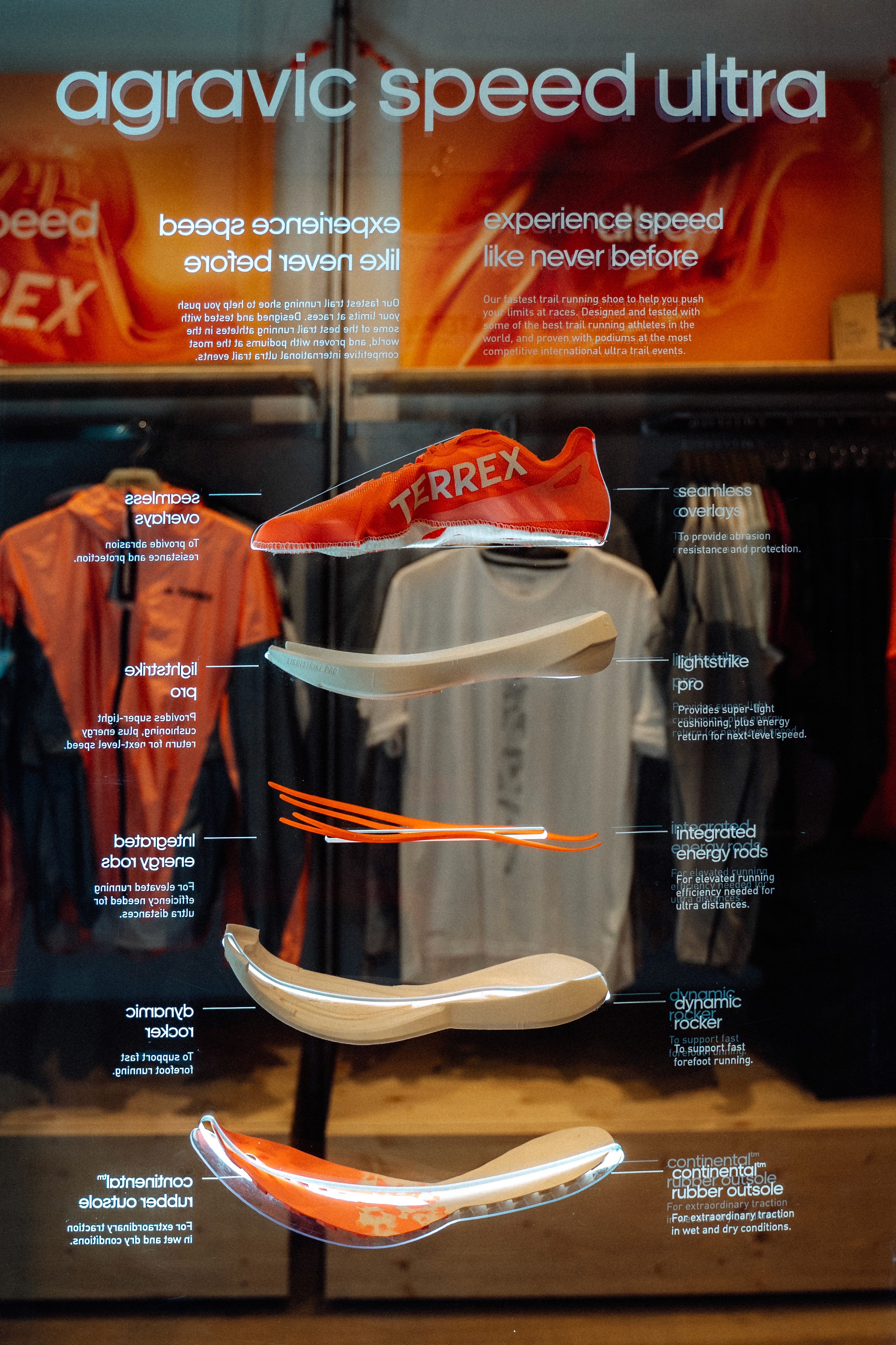 Présentation de la chaussure Adidas Terrex Agravic Speed Ultra, vue en coupe avec ses différentes technologies.