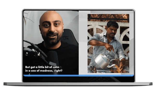 split-screen-on-laptop-man-speaking-into-microphone-on-left-text-displaying-subtitles-man-pouring-tea-from-kettle-on-right-outdoor-background
