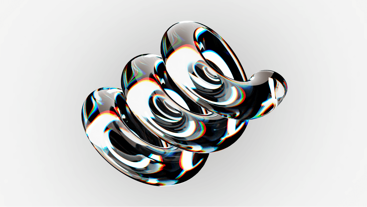 Abstract 3D glossy glass spiral with prismatic rainbow reflections on a white background.