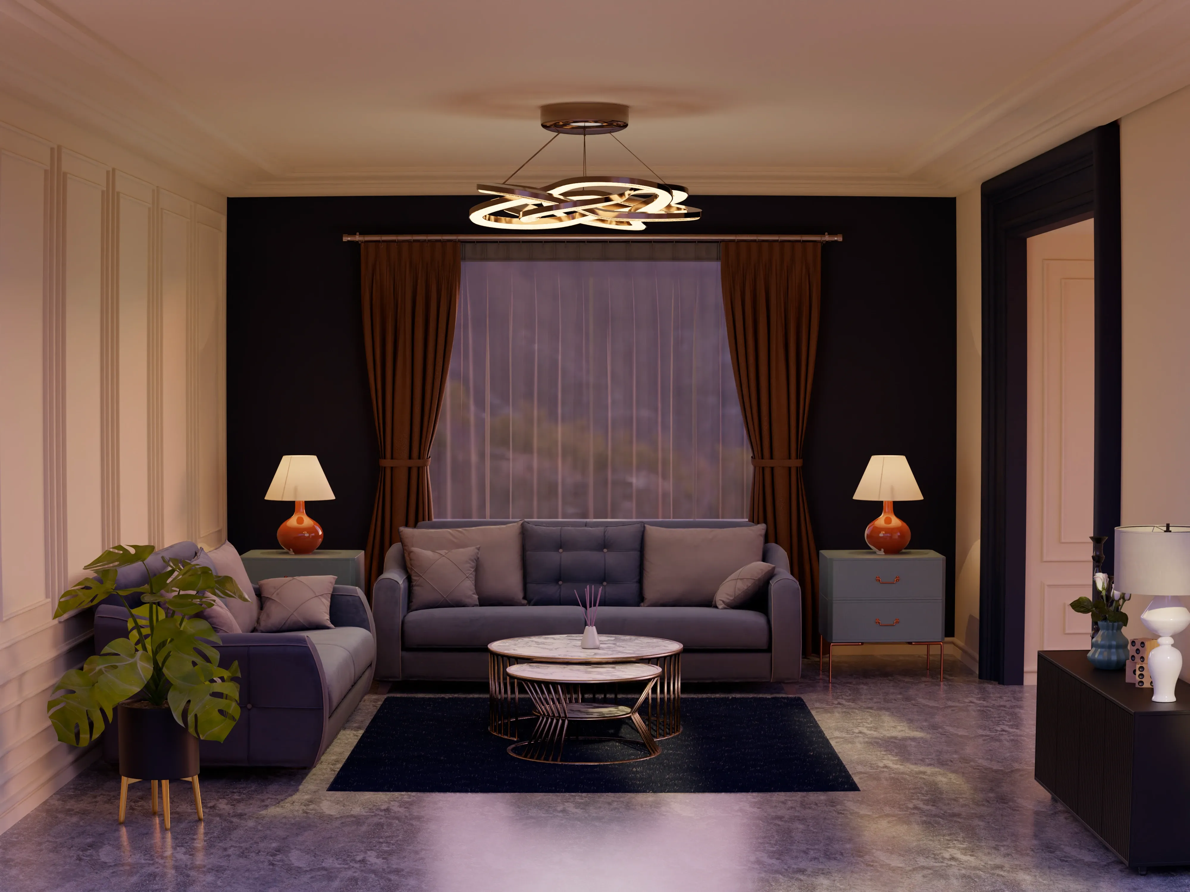 Luxurious bedroom interior with dark paneled walls, symmetry, and warm bedside table lamps.