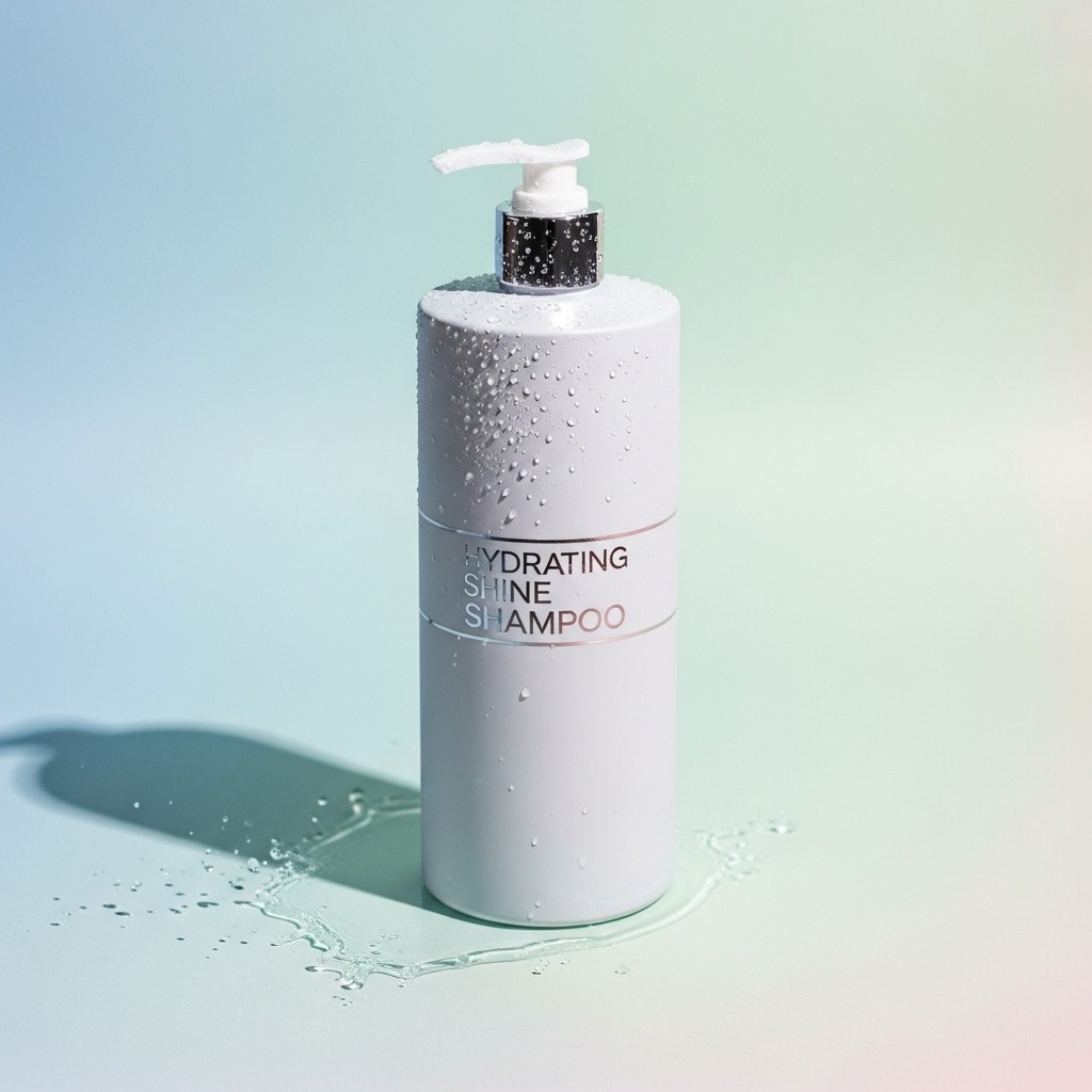 White Hydrating Shine Shampoo pump bottle with water droplets, sitting in a splash on a pastel gradient background.