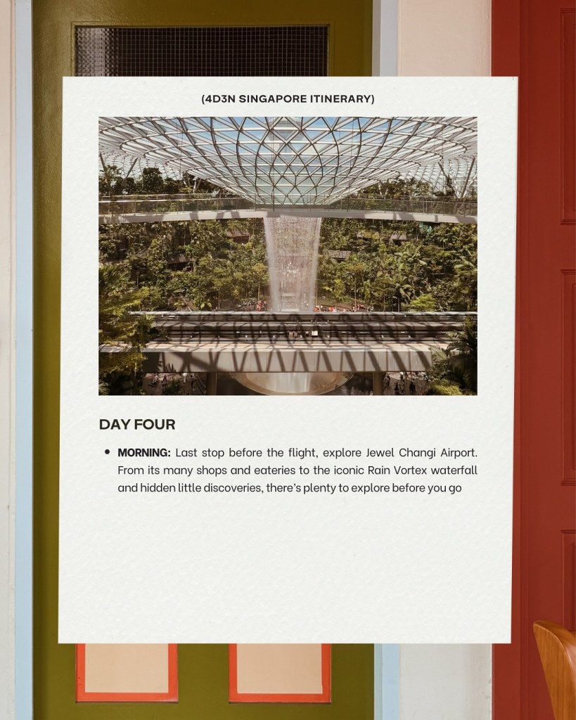 Image of the Rain Vortex waterfall at Jewel Changi Airport, surrounded by lush greenery and a modern glass dome structure, showcasing a serene atmosphere for travelers.