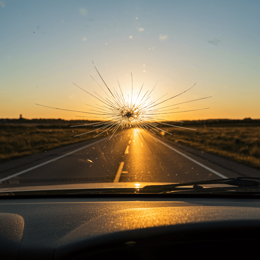 Cracked windshield on a car driving through Tarpon Springs, Florida