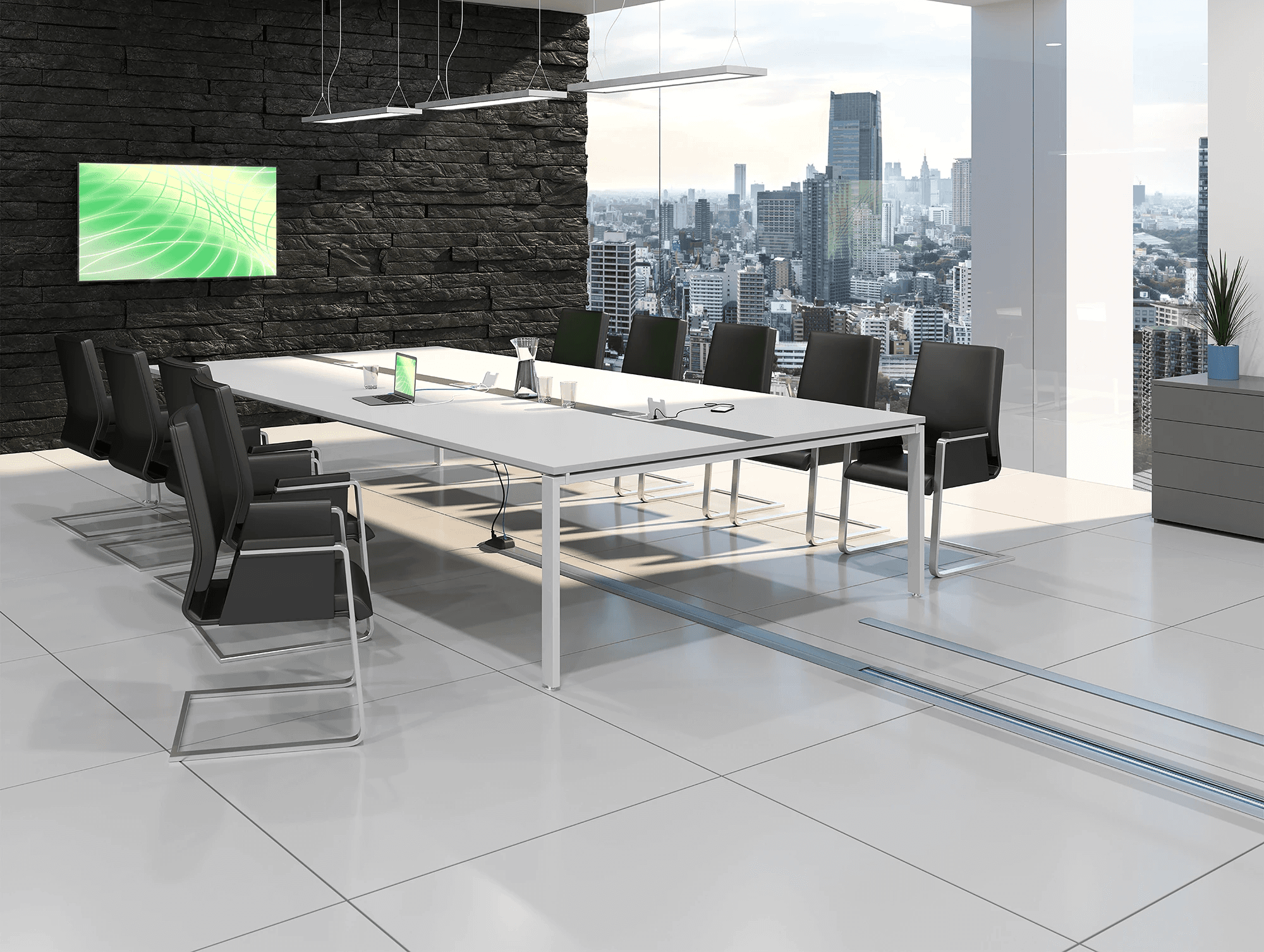 Legrand Connectrac on floor raceway system for power and data distribution in commercial conference room in British Columbia