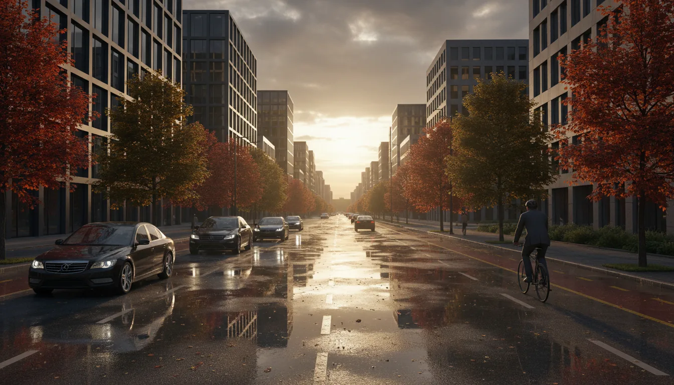 Photorealistic 3D render of a modern city street in the style of Twinmotion architectural visualization. The scene is captured at a wide-angle, eye-level perspective during a dramatic golden hour after a rainstorm. A low sun breaks through heavy, dark clouds, casting cinematic lighting and creating strong reflections on the wet asphalt and puddles. The street is lined with contemporary, multi-story buildings with dark, grid-like facades. Vibrant autumn trees with bright red and green foliage contrast with the muted tones of the architecture. In the foreground, cars drive down the street and a man in a suit rides a bicycle. Soft global illumination, high detail.