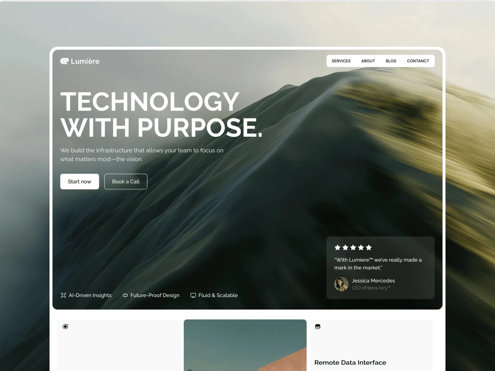 Website homepage with a mountain background and "Technology with Purpose" text.