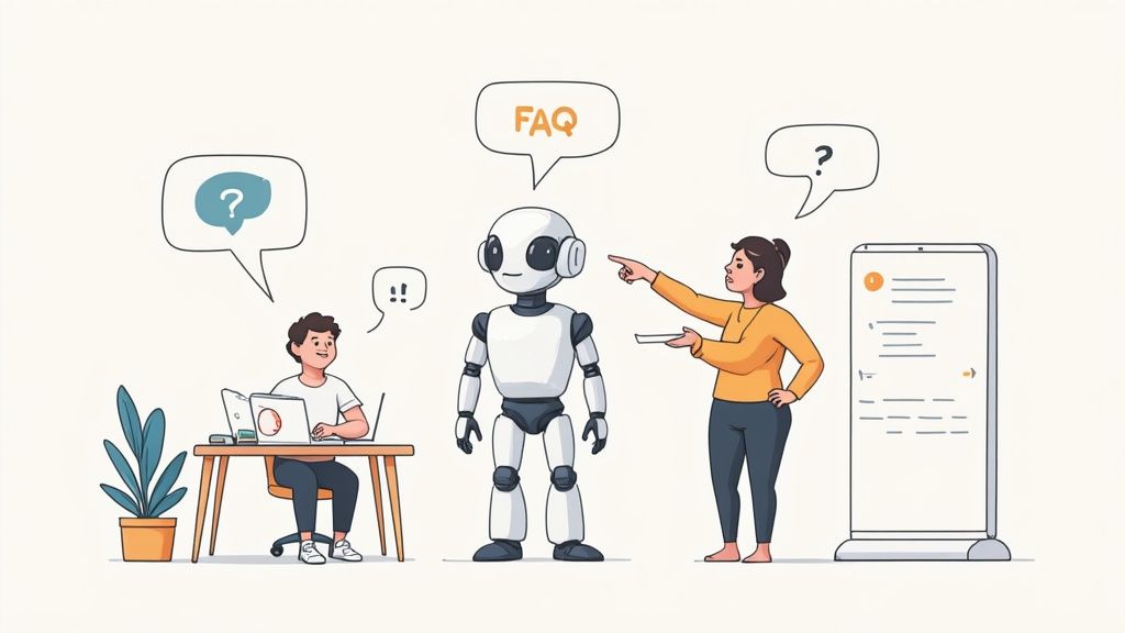 An AI chatbot offers assistance to a user and customer support agent with FAQs.