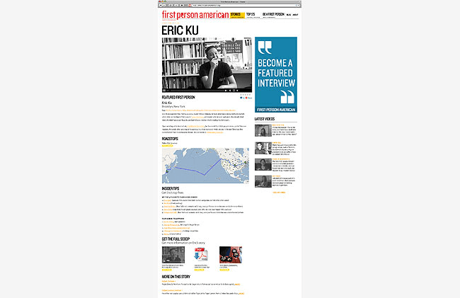A screenshot of a webpage displays a profile page for Eric Kui. The page includes a black and white photo of Eric, a blue banner promoting a featured interview, and a map showing a route across water. The text includes sections for "Featured First Person," "Latest Videos," "Roadstops," and "More on the Story."