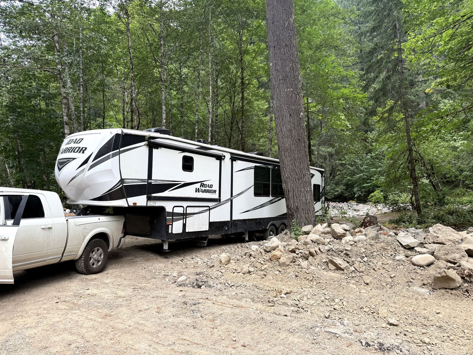 Our truck and fifth wheel parked at our boondocked site near Packwood