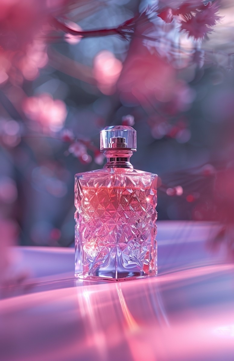 A beautifully crafted, ornate glass perfume bottle with an intricate diamond pattern stands elegantly amidst soft pink cherry blossoms, capturing a serene and luxurious ambiance in the gentle sunlight.