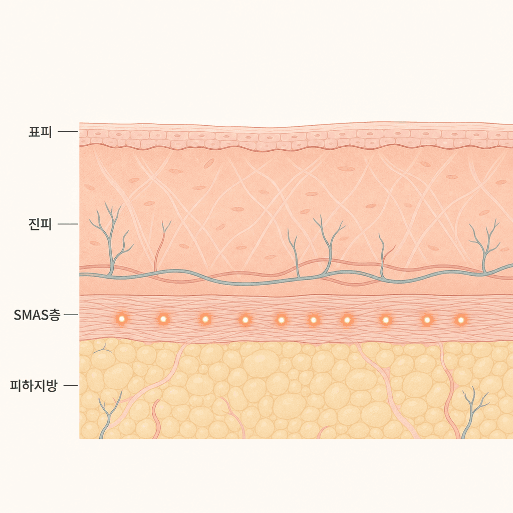 표피·진피 아래 SMAS층 깊이에 초음파 초점이 모이는 모습