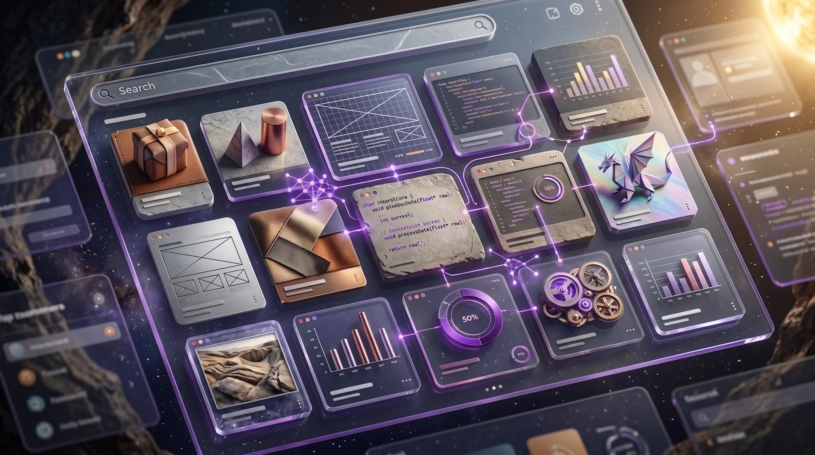 AI-powered digital discovery interface with connected content and analytics