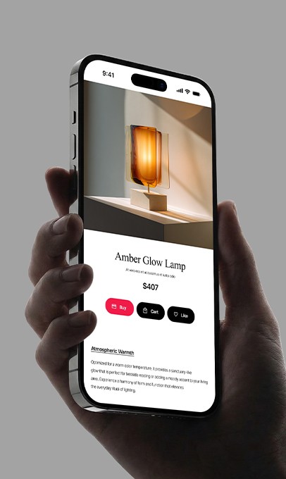 조명 제품을 보여주고 구매, 장바구니 기능이 포함된 스마트폰 화면