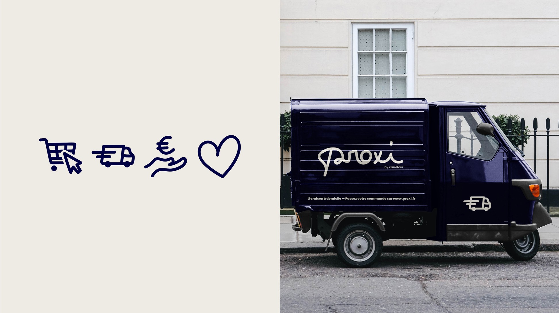 Pictogrammes de services de Proxi + camionnette Touc Touc brandée.