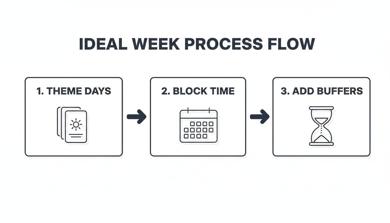 A three-step process flow for an ideal week: 1. Theme Days, 2. Block Time, 3. Add Buffers.