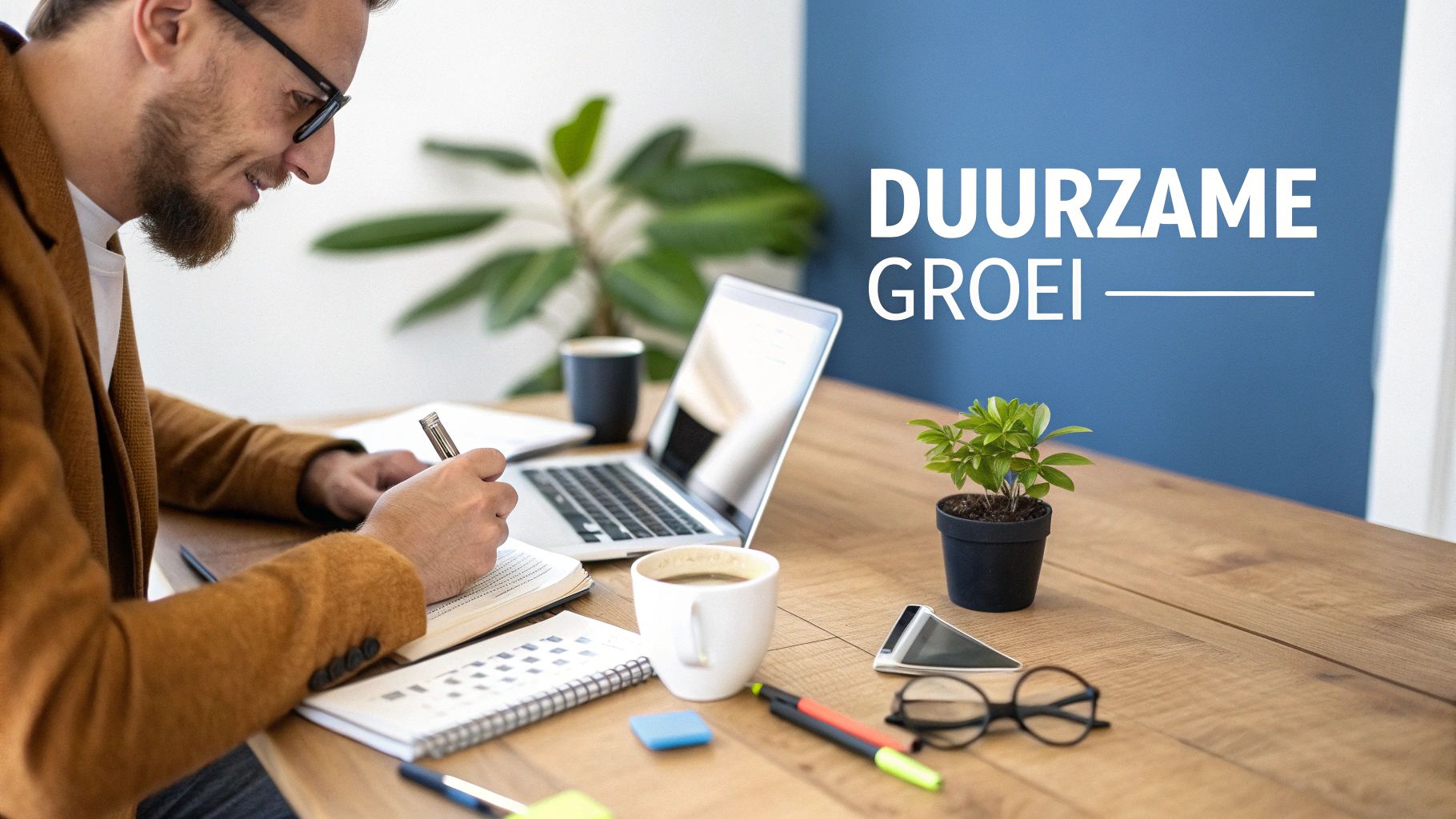 Man met baard en bril schrijft in notitieboekje aan een houten bureau met laptop, koffie en een plantje. Op de achtergrond staat 'Duurzame Groei' op een blauwe muur.