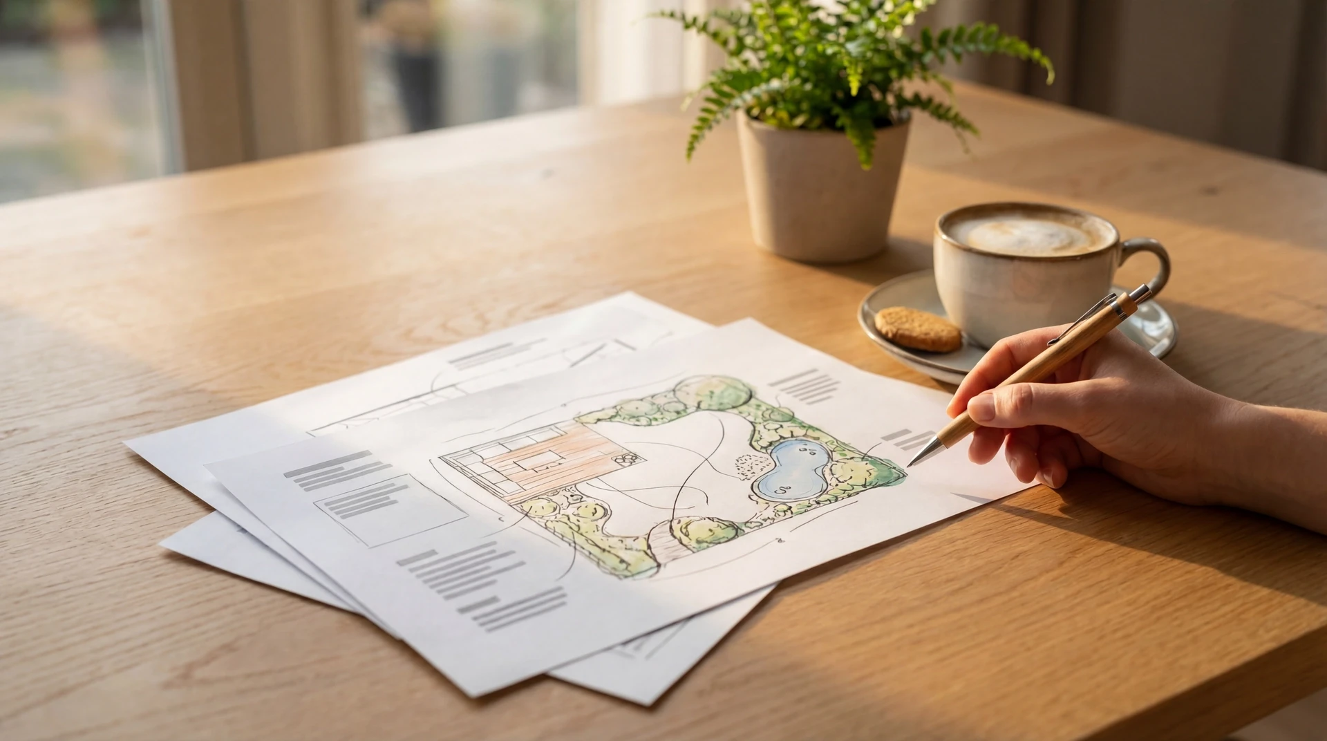 Hand met pen bij tuinschets op tafel naast koffie en plant.