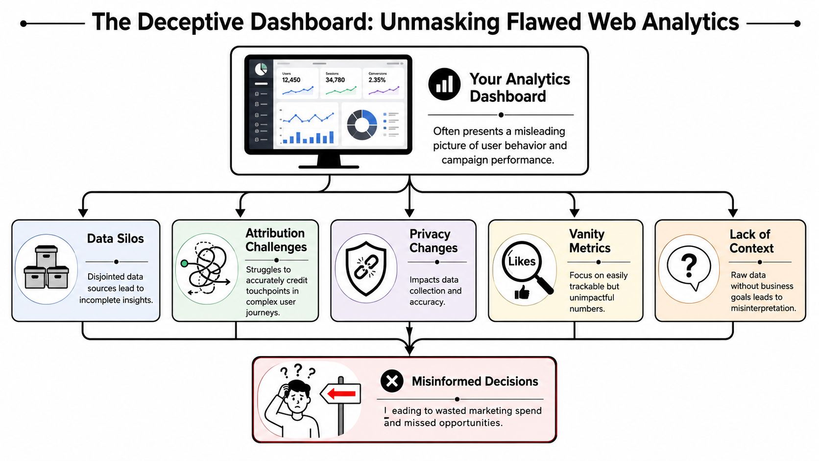 A flowchart illustrating how flawed web analytics dashboards lead to misinformed business decisions and wasted marketing budget.
