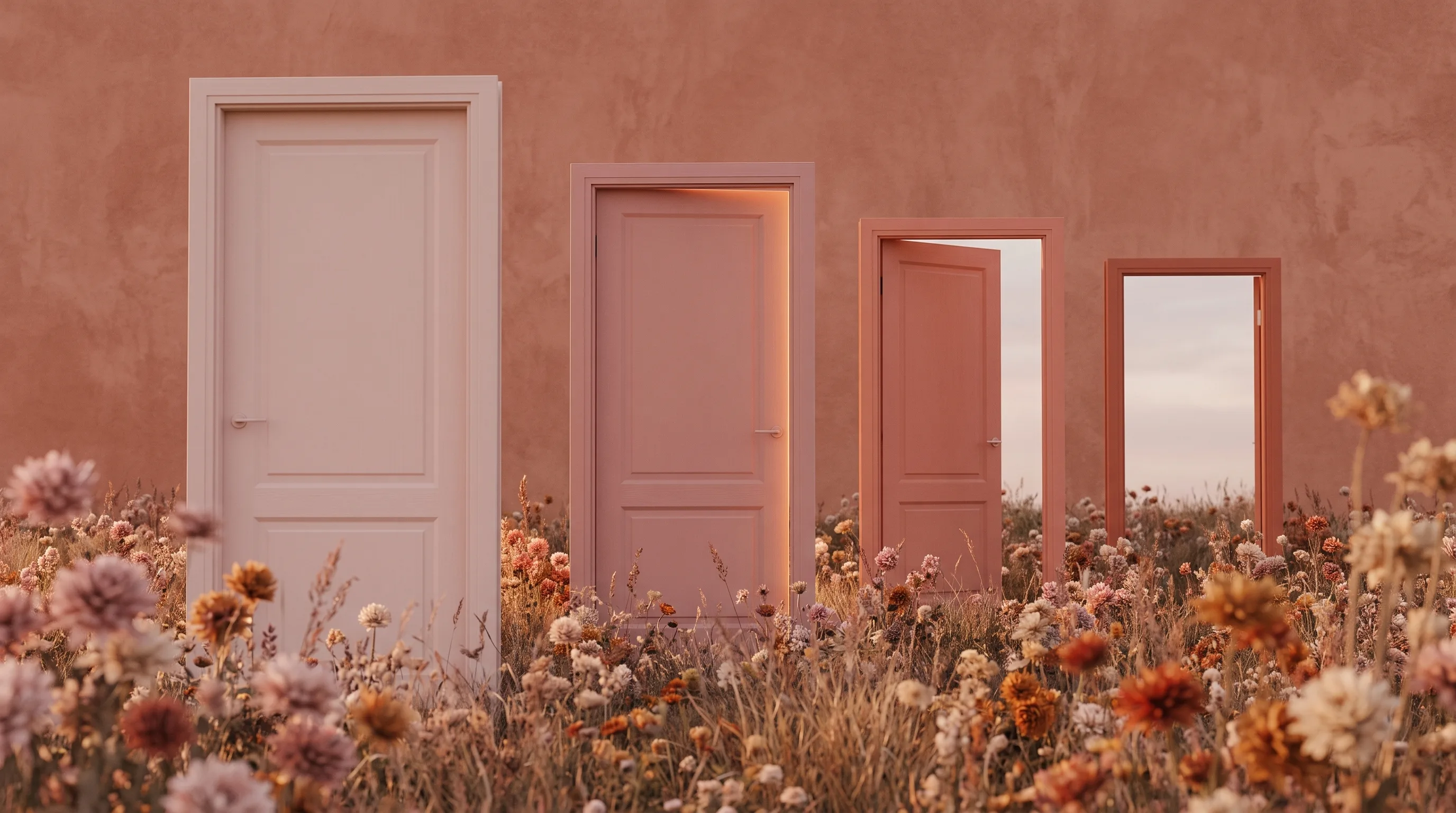 Four freestanding doors of decreasing solidity standing in a field of dried flowers, the nearest closed and the furthest an open frame showing sky
