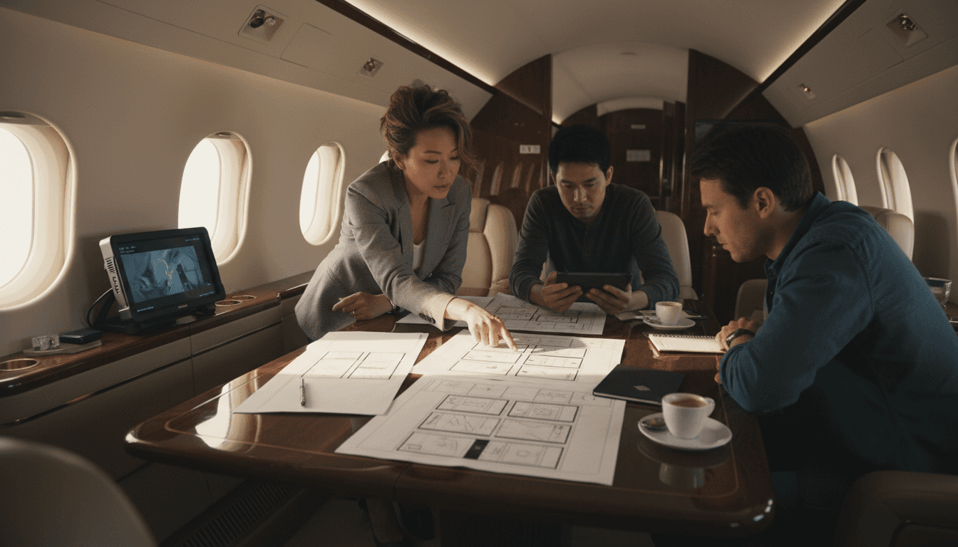 A director and crew reviewing storyboards and a monitor at a private jet cabin table — travel time becoming pre-production time