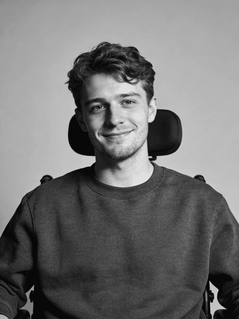 A young man with wavy brown hair and a warm smile, seated in a wheelchair against a neutral background.