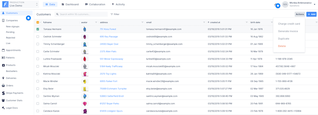 The Actions dropdown with custom actions.
