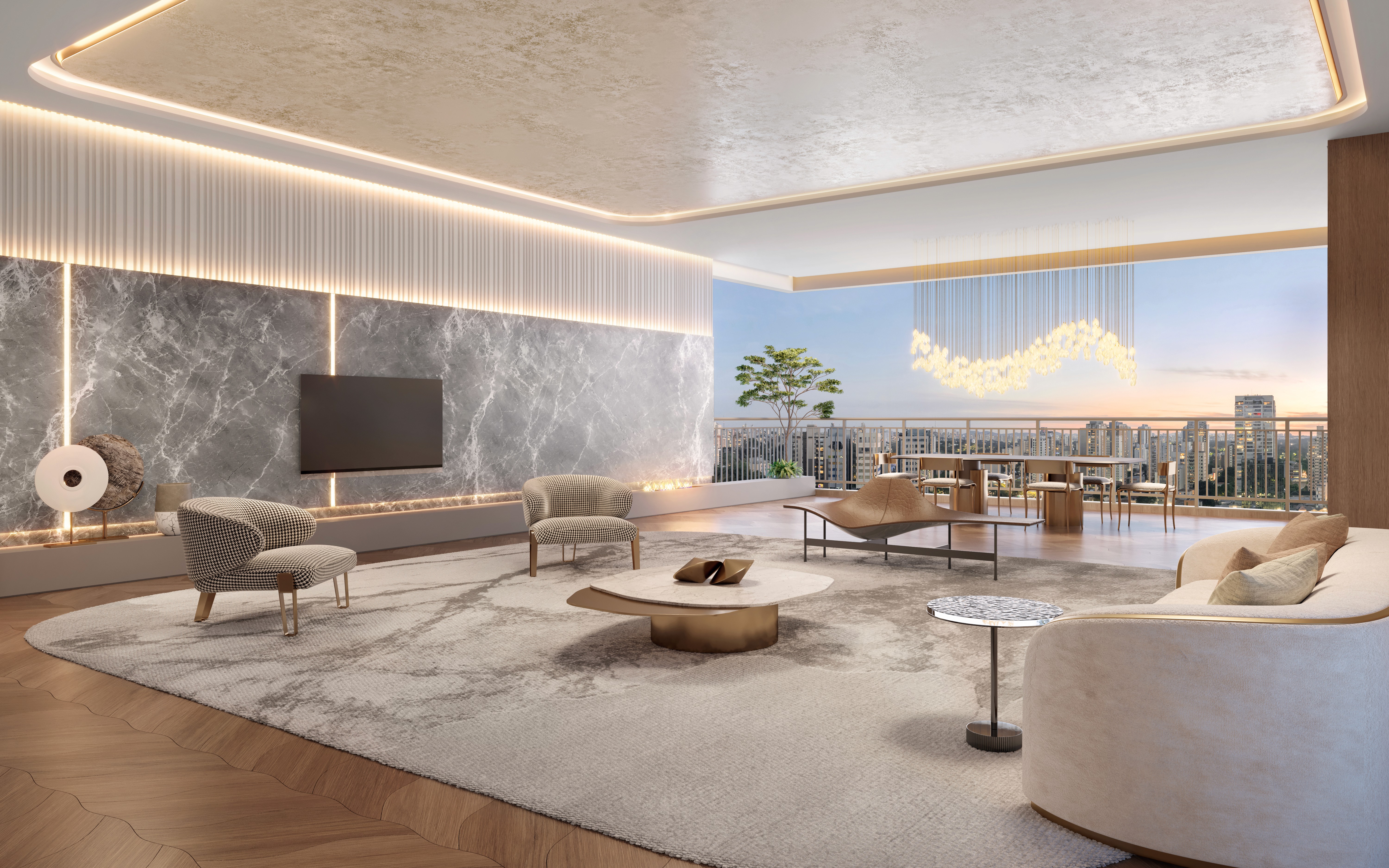 Curved modern skyscraper against a clear blue sky.