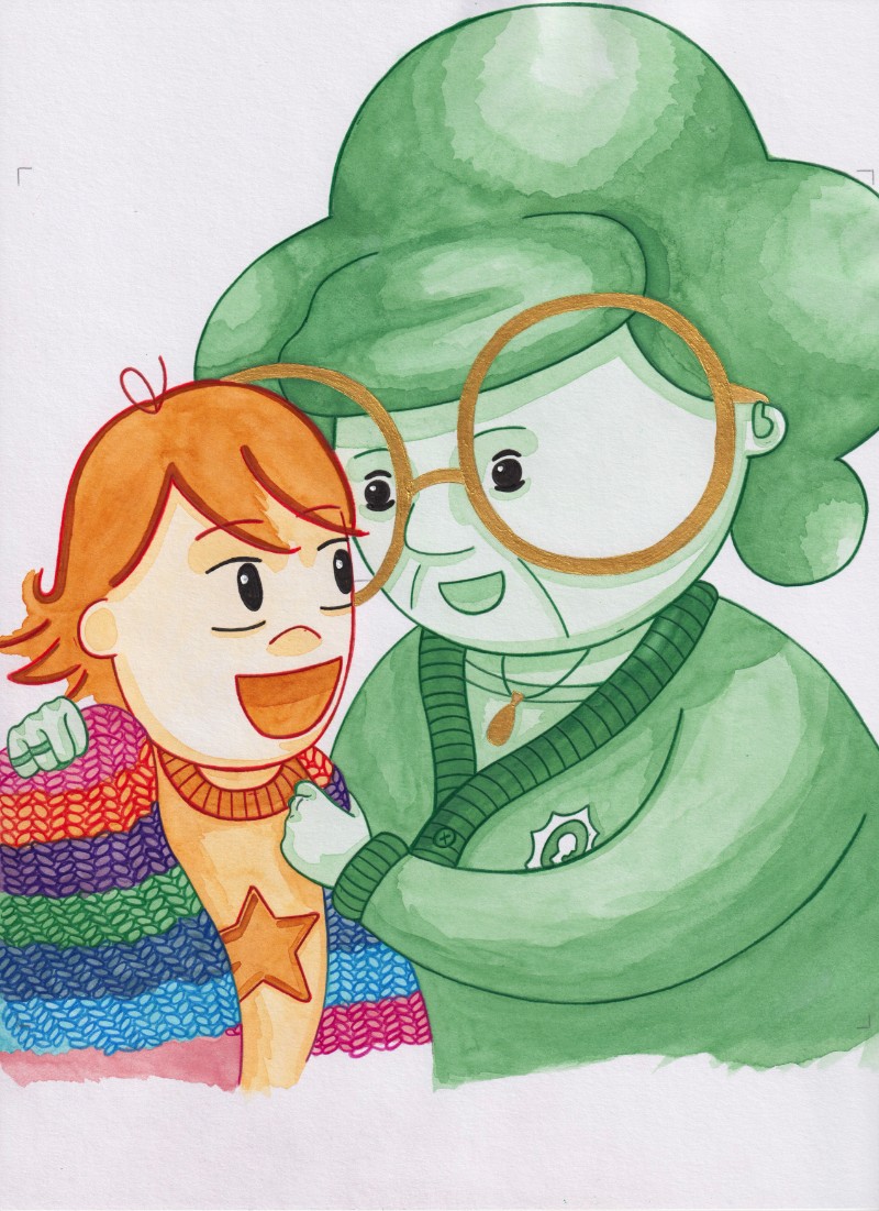 A hand drawn picture of Granny and her grand daughter, two characters from the picture book My Granny is Changing. Granny is painted in shades of green, and has a pencil crayon outline. She has a round face and big round, gold glasses that are almost as big has her face. Her big green hair is shaped a bit like broccoli. The grand daughter is painted in shades of orange with an orange pencil crayon outline. She has messy hair, wide eyes and a big grin. Granny is pulling a rainbow blanket around her gran daughters shoulders.  