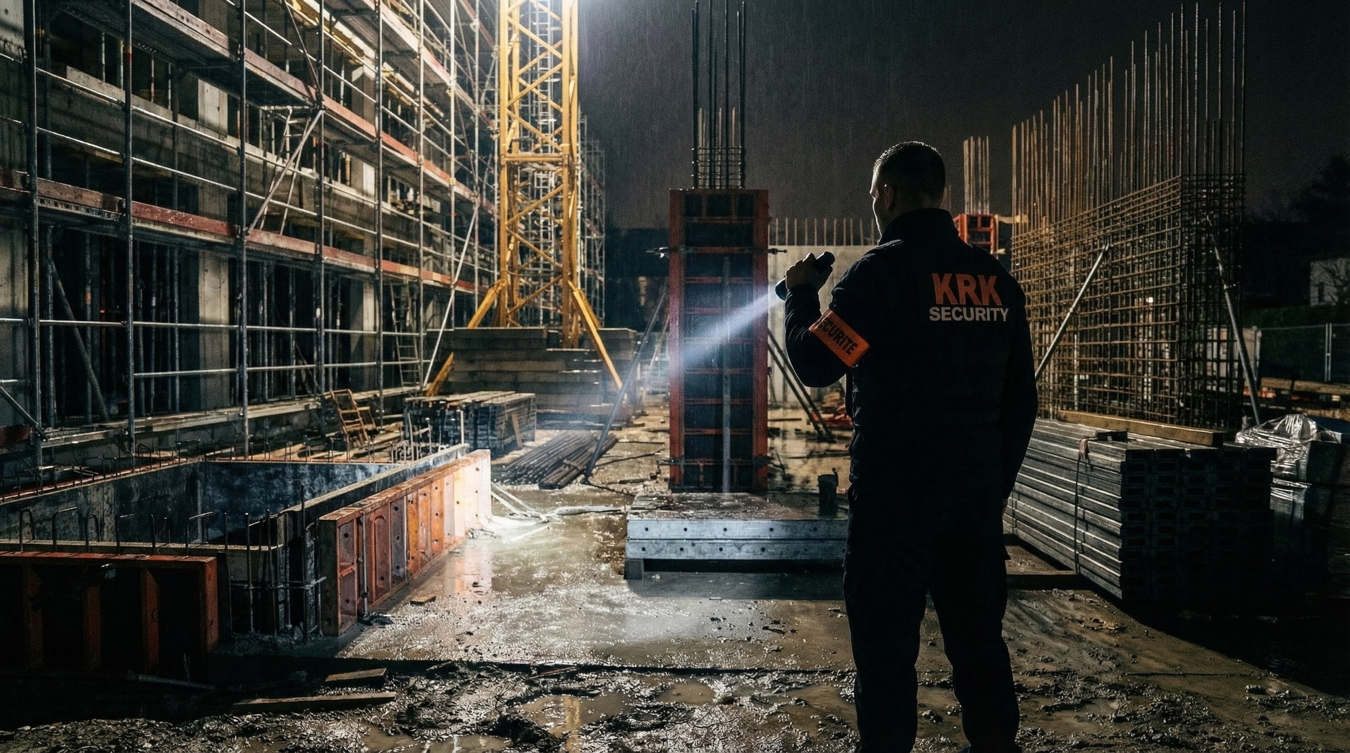 Agent KRK Security en ronde de surveillance nocturne sur un chantier à Genève