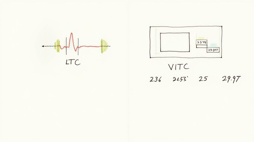 Comparison of LTC waveform signal and VITC timecode display showing synchronization methods