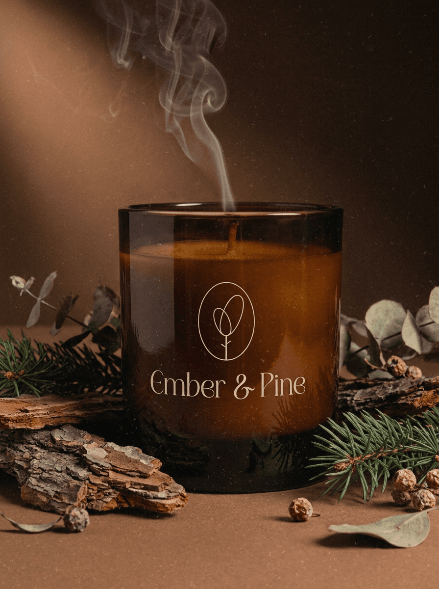 Ember & Pine unlit amber glass soy candle with smoke rising, styled on wood bark with eucalyptus and pine branches in a warm moody setting — handmade candle brand photography and identity design by Visual Mess Studio