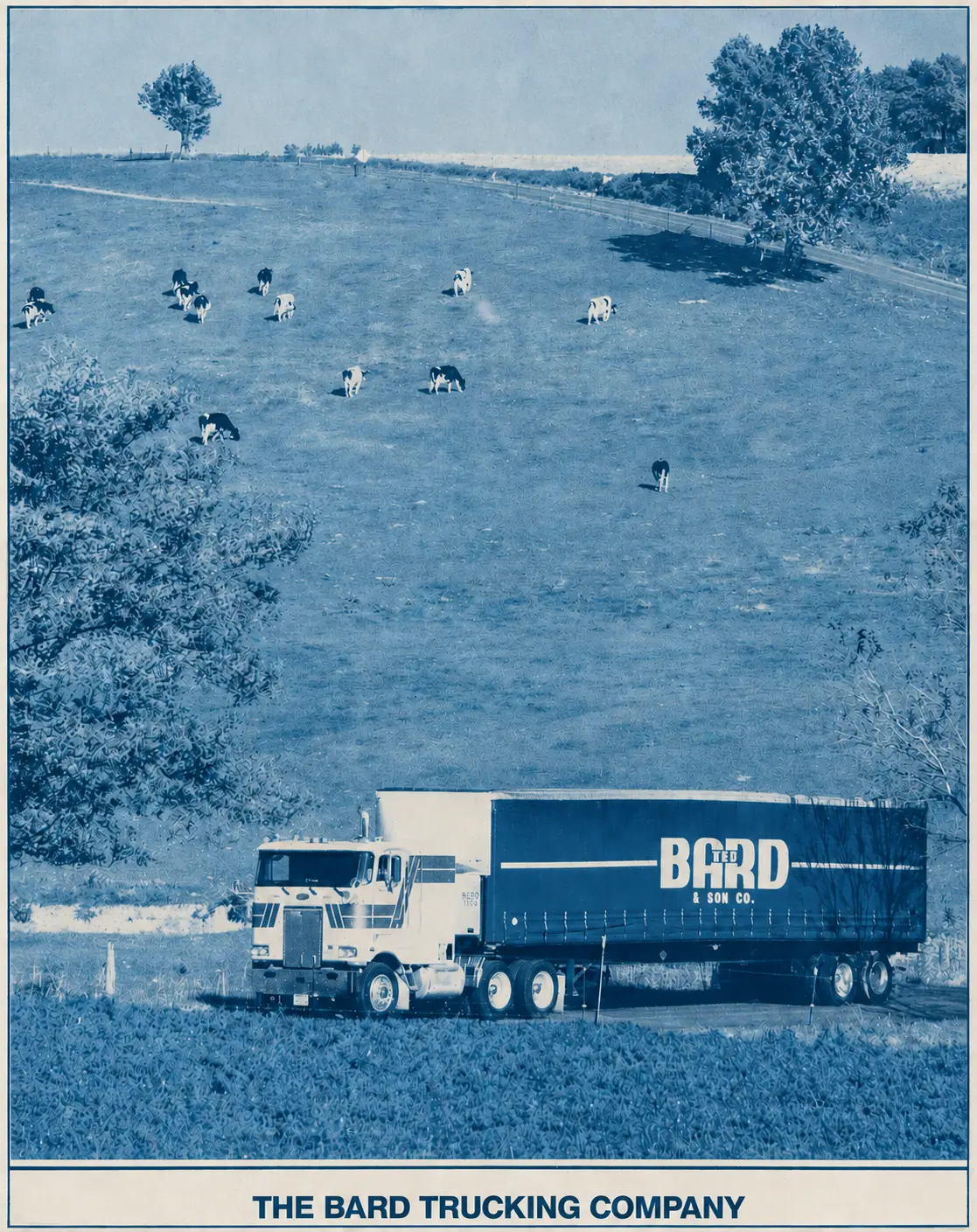 Vintage Bard tractor-trailer crossing a rural landscape