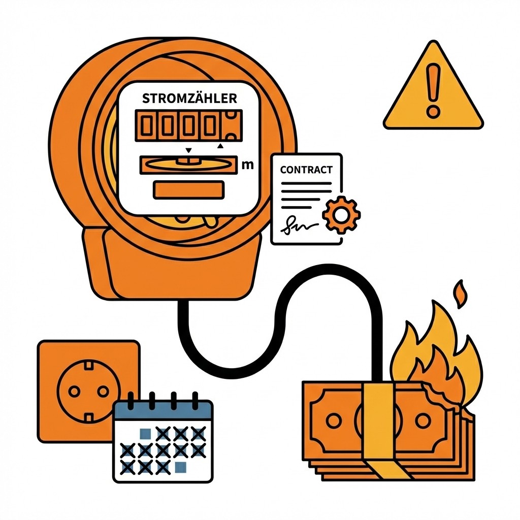 Oranges Dokument mit Text „GRUNDVERSORGUNG“ sowie Blitz- und Flammensymbol, aus dem unten Münzen und ein Geldschein fallen.