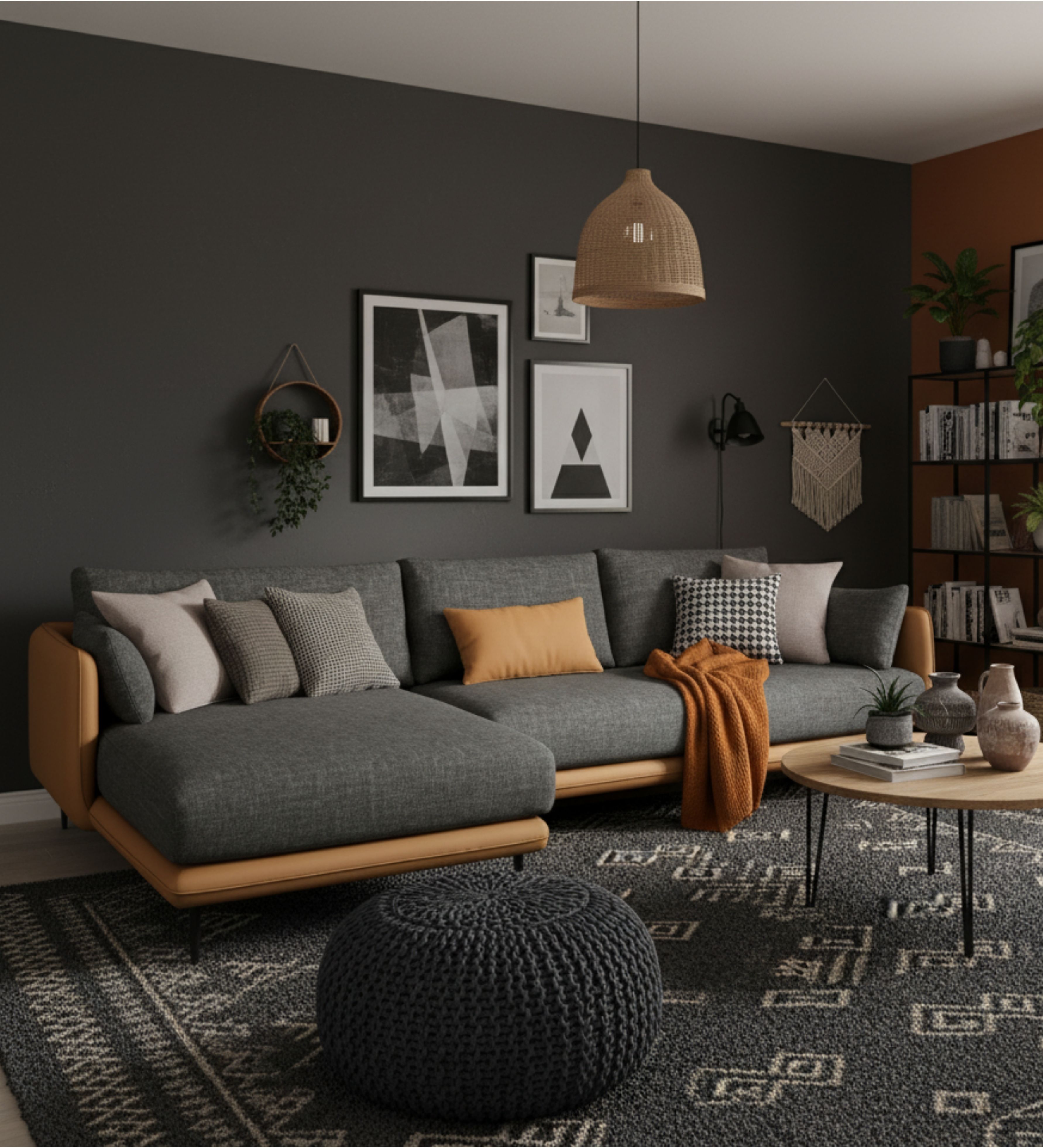 Dark‑toned lounge sofa with plush cushions and intimate, moody characte