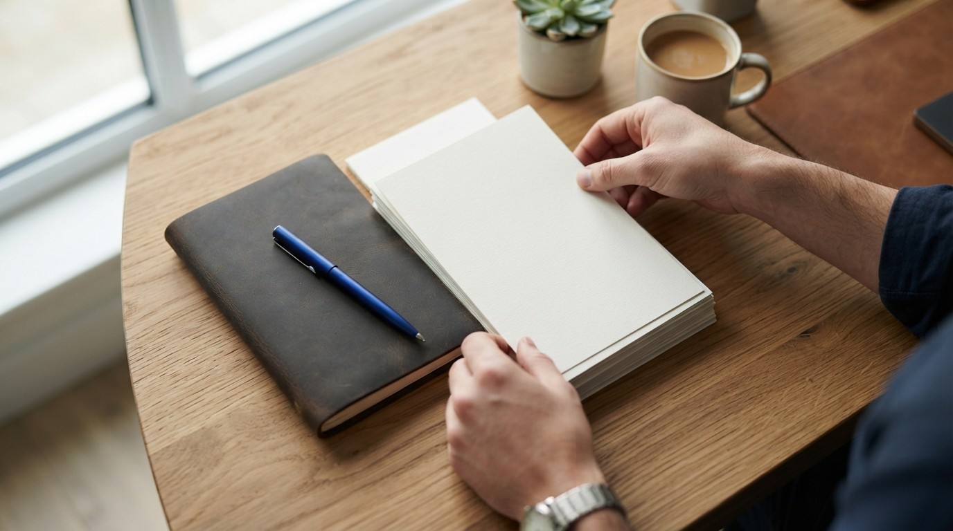 Hands organizing stationery on a clean professional desk