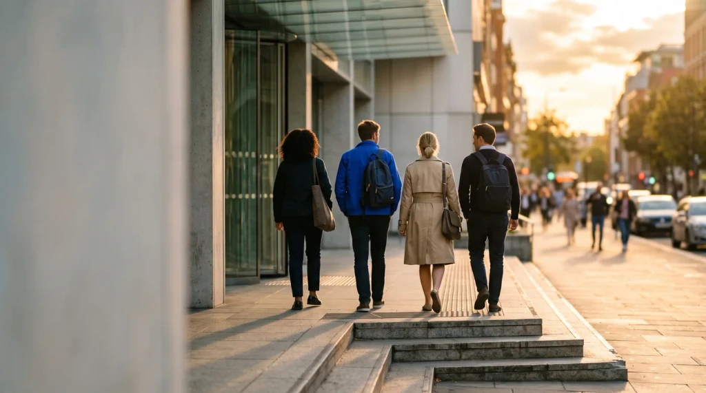 People walking toward an office building in low sun