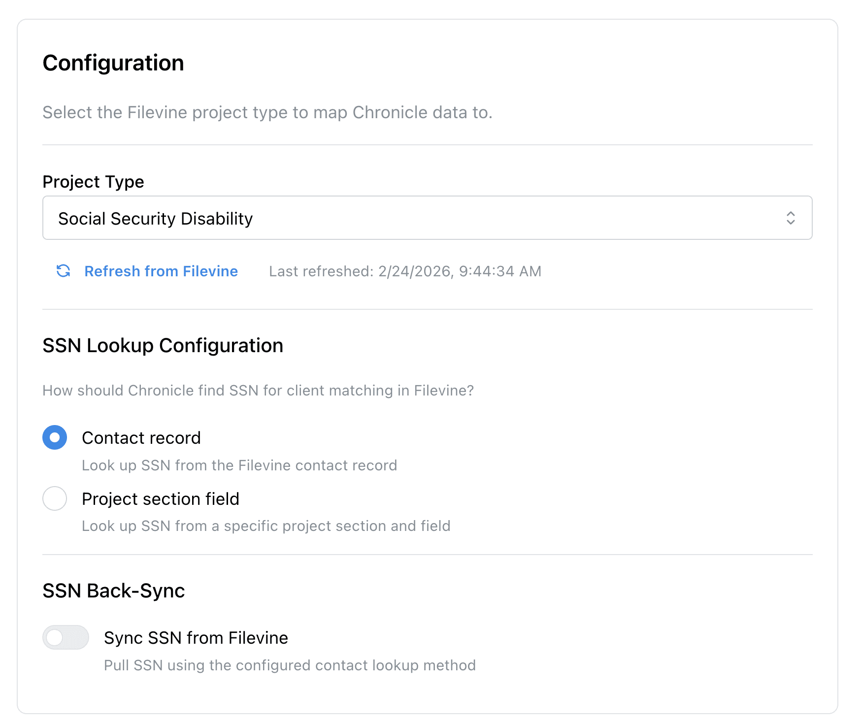 Filevine configuration - project type and SSN lookup