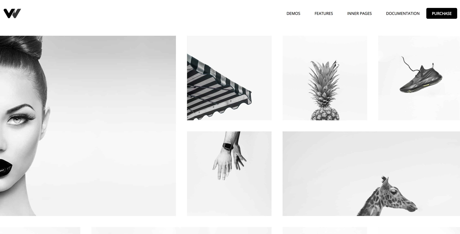 Minimalist black and white portfolio website homepage displaying a grid layout of creative photography.