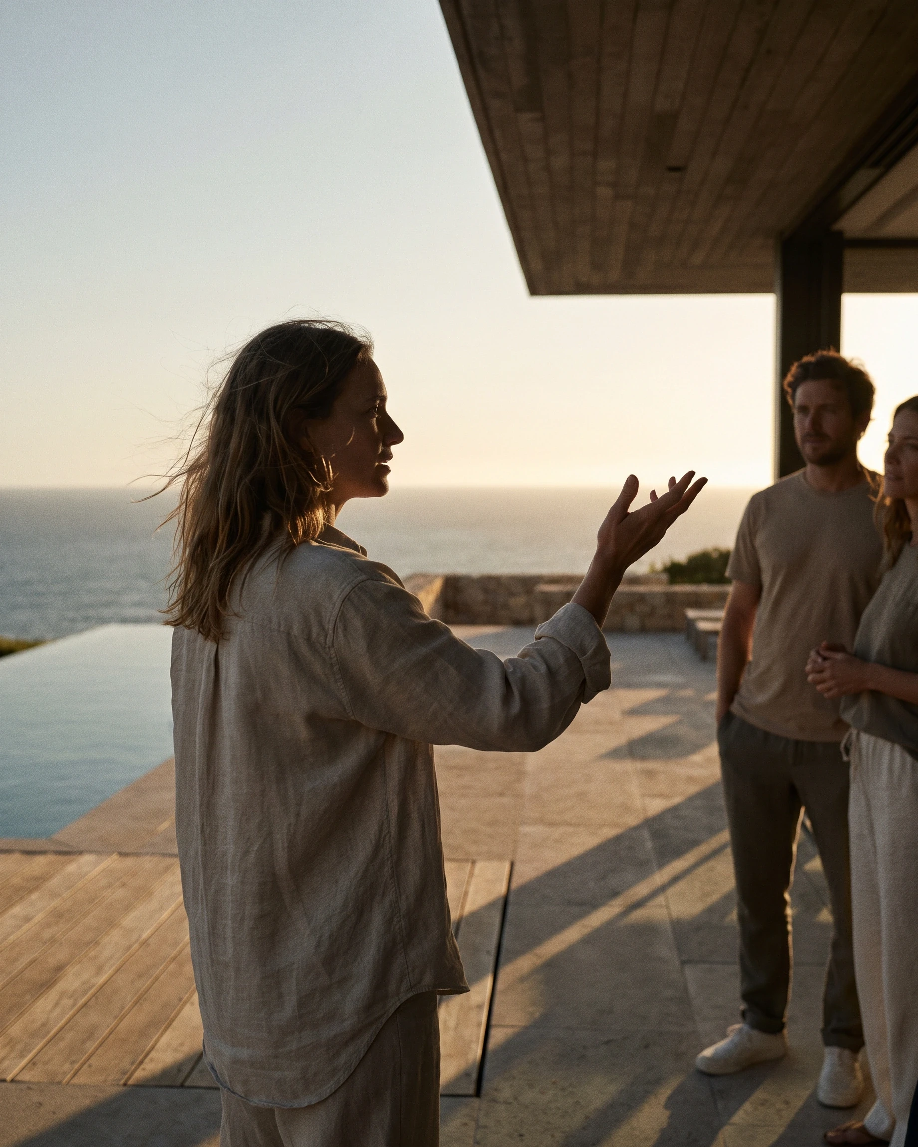 Agent showing clients a terrace at golden hour
