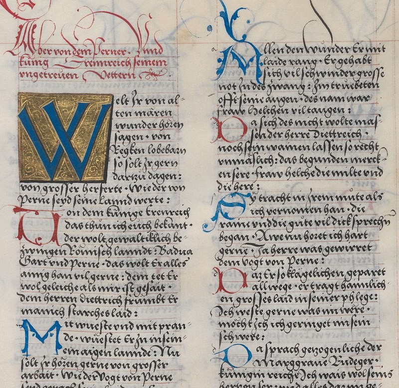 Page from a manuscript by Ambraser Heldenbuch, containing both Funky Lombardic Capitals and Funky Bastard Secretary script, 1516