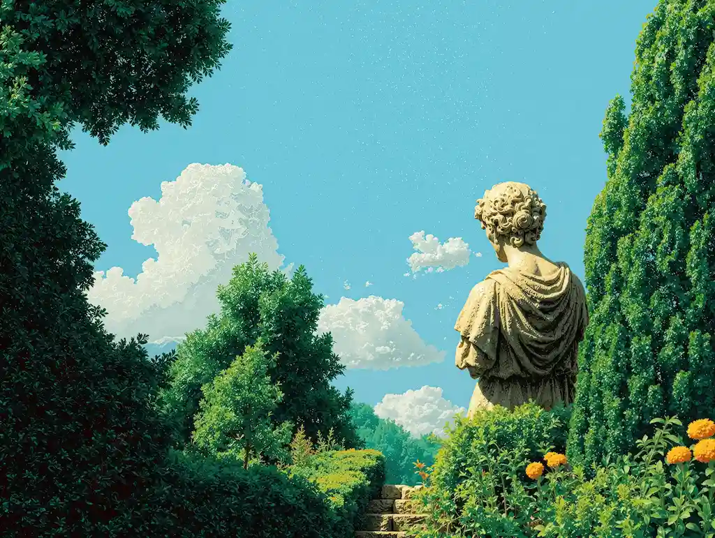 Illustration en pixel art d'une statue classique vue de dos, surplombant un jardin verdoyant et un ciel bleu.