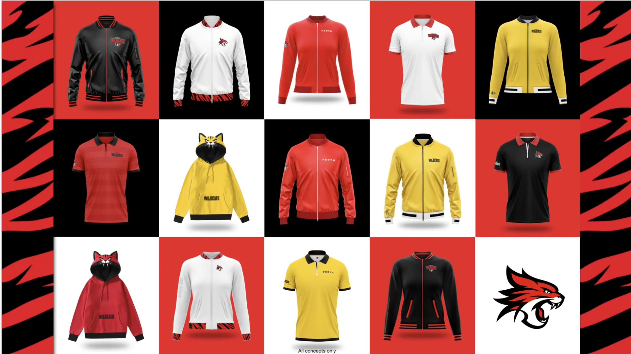 Grid of Perth Wildcats apparel concepts using the redesigned identity