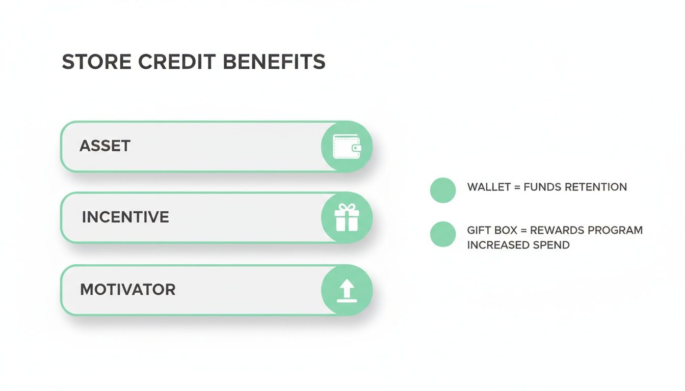 An infographic detailing store credit benefits, showing asset with a wallet, incentive with a gift box, and a motivator.