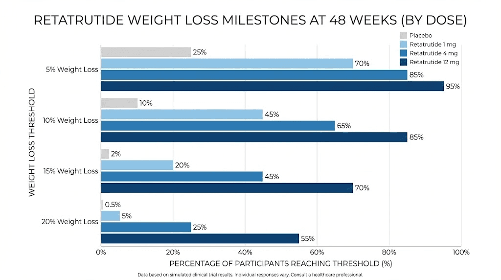 Retatrutide weight loss milestone achievement rates at 48 weeks by dose group