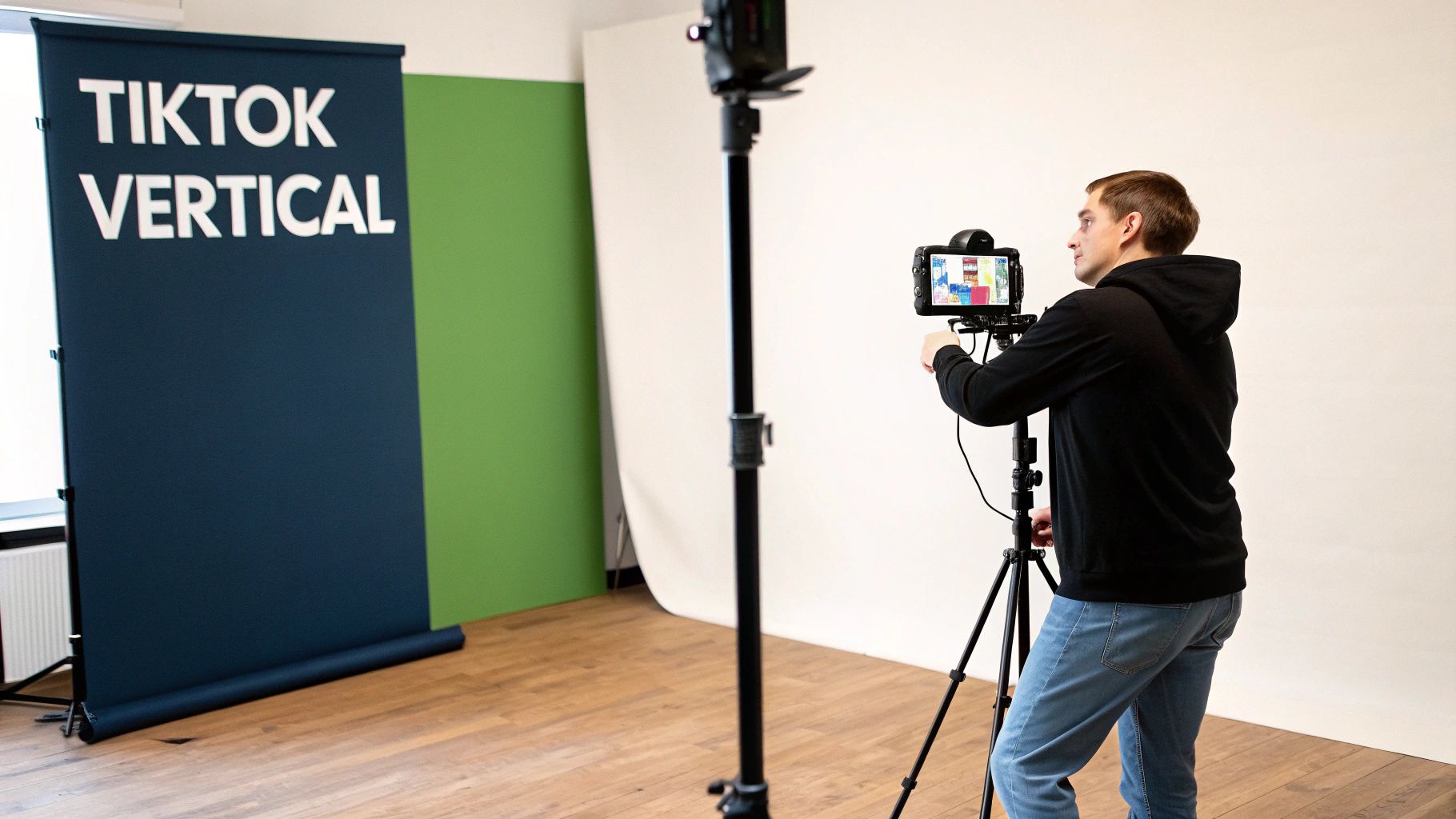 A man setting up a video camera on a tripod in a studio with a TikTok vertical banner and green screen.