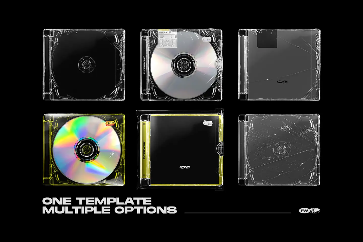 Modern CD jewel case mockup showing multiple case layouts and disc options