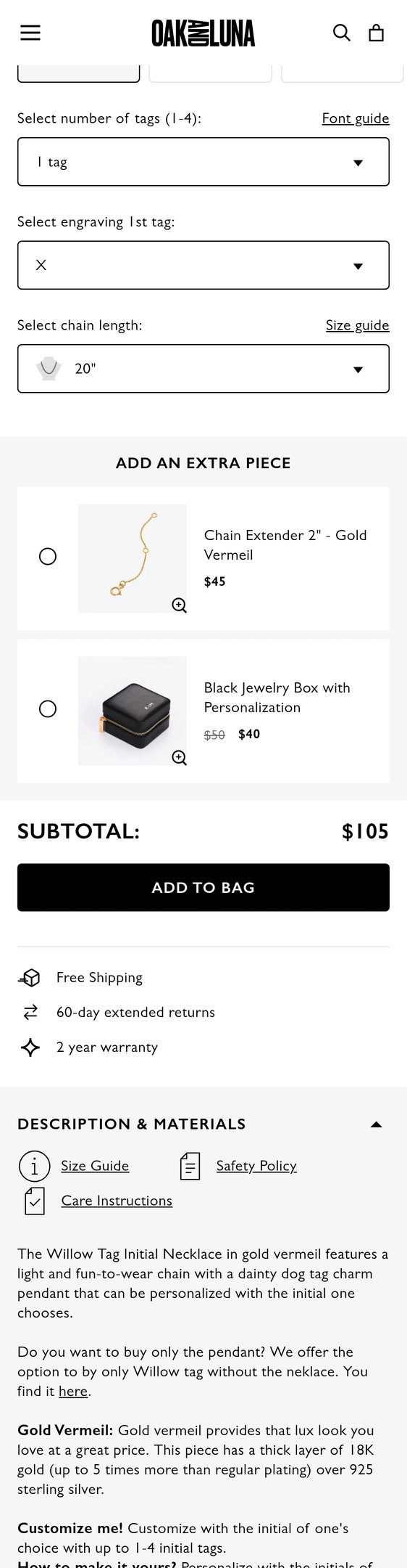 Jewelry product options include: necklace, pendant, chain for Willow Tag Initial Necklace - Gold Vermeil from Oak & Luna.